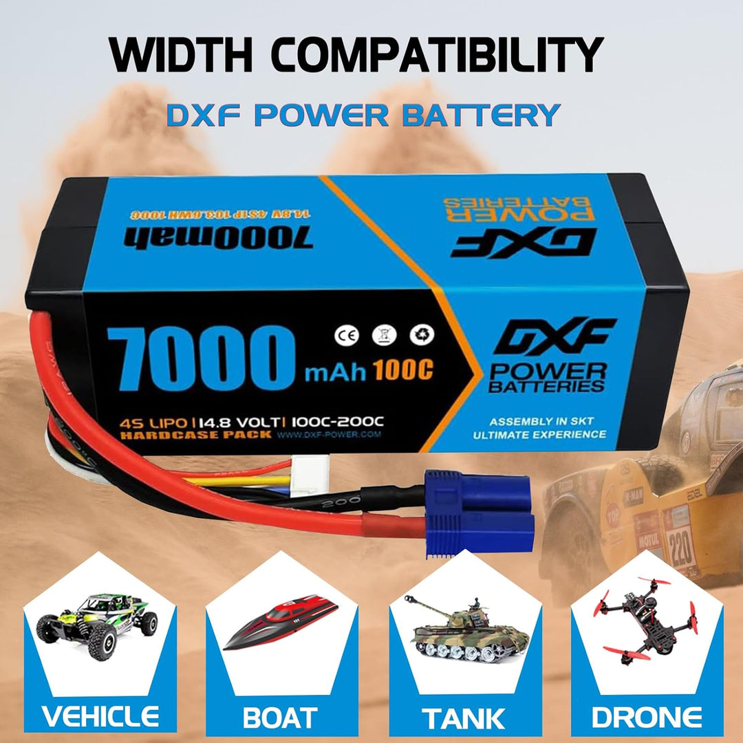 DXF 4S Lipo Batterie 14,8 V 100 C 7000 mAh Hartbatterie mit EC5-Stecker für RC 1/8 und 1/10 Auto RC
