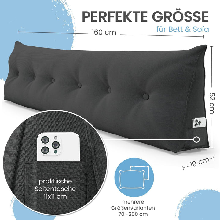 ELONEO Rückenkissen 160 cm breit, Keilkissen für Bett und Sofa geeignet, dreieckiges Lesekissen, Kis
