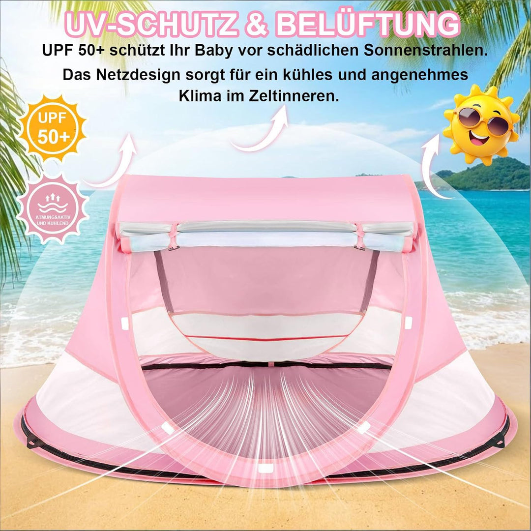 Strandmuschel Baby uv Schutz 50, Pop up Strandzelt als Sonnenschutz für den Strand, 360° Moskitonetz