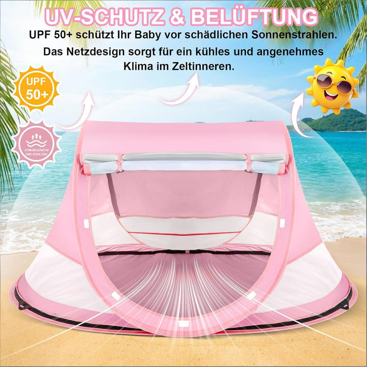 Strandmuschel Baby uv Schutz 50, Pop up Strandzelt als Sonnenschutz für den Strand, 360° Moskitonetz
