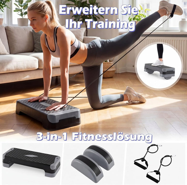 COSTWAY Aerobic Stepper 4 fach höhenverstellbar, 300 kg belastbar | Steppbrett mit Widerstandsbänder