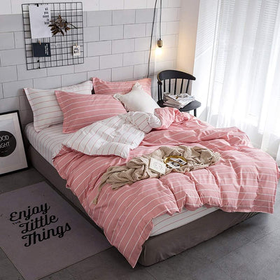 Luofanfei Gestreifte Bettwäsche 155X220 Rosa Weiss Gestreift Streifen Mikrofaer Wendebettwäsche Bett