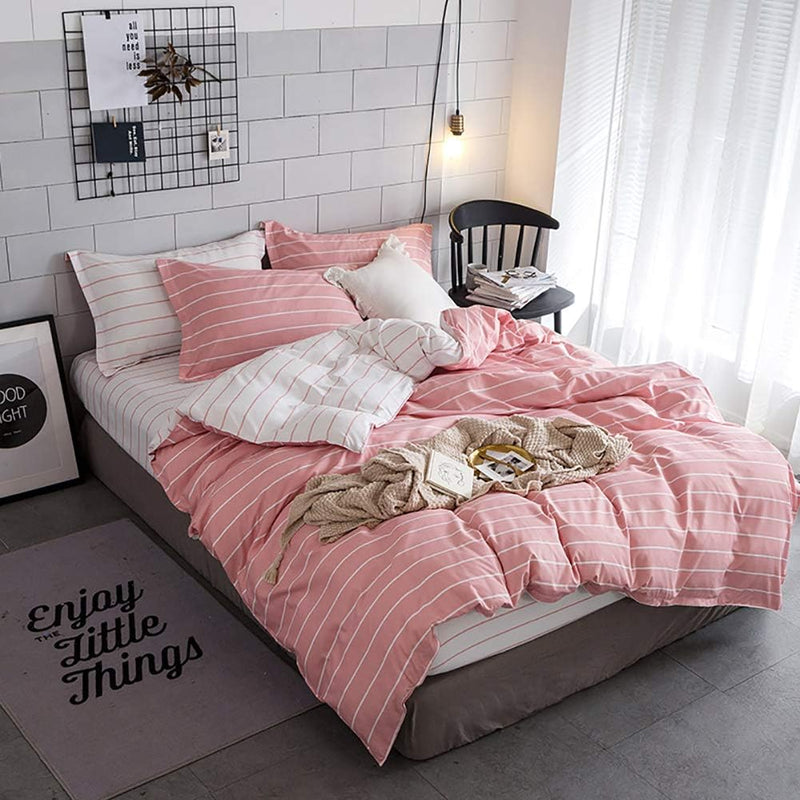 Luofanfei Gestreifte Bettwäsche 155X220 Rosa Weiss Gestreift Streifen Mikrofaer Wendebettwäsche Bett