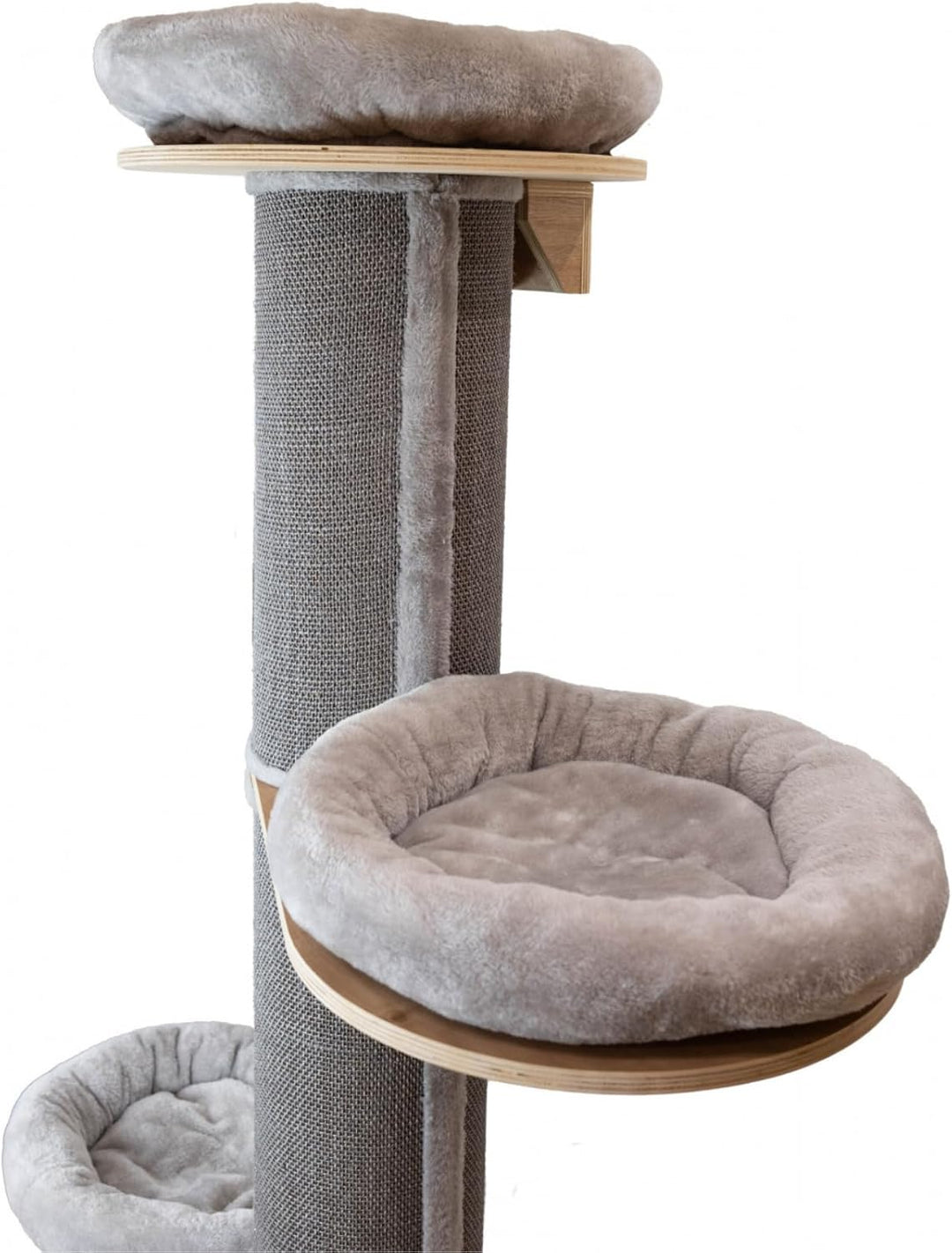 RL24 - Kratzbaum K2 – Katzenbaum mit 3 Plattformen & Plüschkissen in grau – mit Sisalteppich an der
