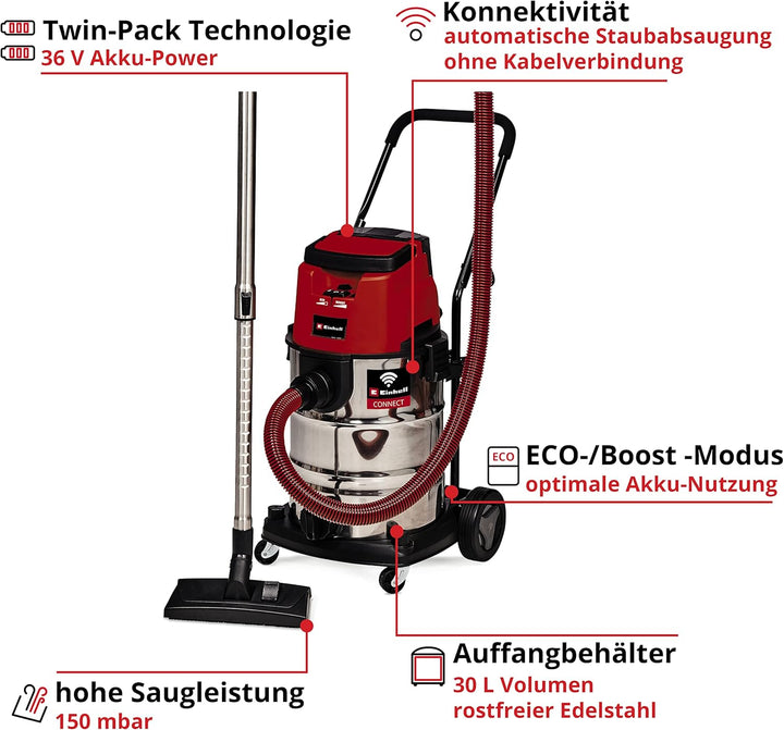 Einhell Professional Akku-Nass-Trockensauger TP-VC 36/30 S Auto-Solo Power X-Change (Li-Ion, 36 V, A