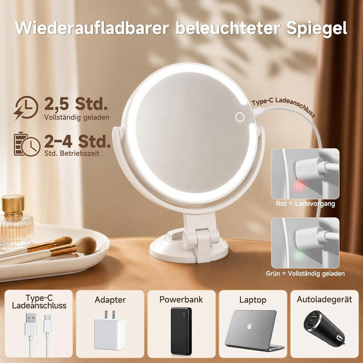 Kosmetikspiegel mit Beleuchtung, Doppelseitiger 1X / 10X Vergrösserungsspiegel mit Saugnapf, Wandver
