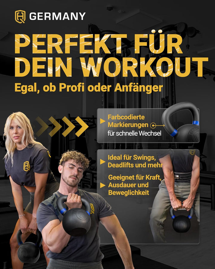 HQ Germany® Kettlebell Powdercoat [Pulverbeschichtung] - Kugelhantel 2-32kg | Vollguss ohne Schweiss