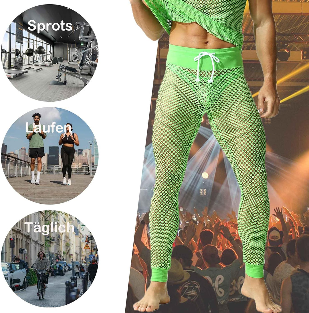 QiaTi Herren Fischnetzhose Mesh durchsichtige Muskelleggings Dehnbare Lange Hose mit Kordelzug M A-g