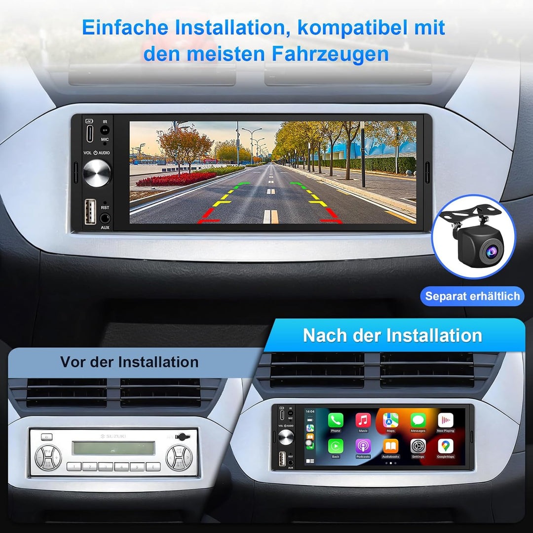1 Din Autoradio mit Bildschirm Kompatibel mit Wireless CarPlay & Android Auto, 6,28 Zoll 1Din Car Ra