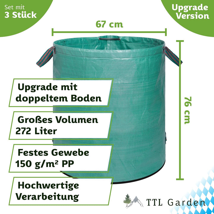 TTL Garden 3x 272L Gartensack - DOPPELTER BODEN extra stabil selbststehend 4 Griffe 150gsm gross rob