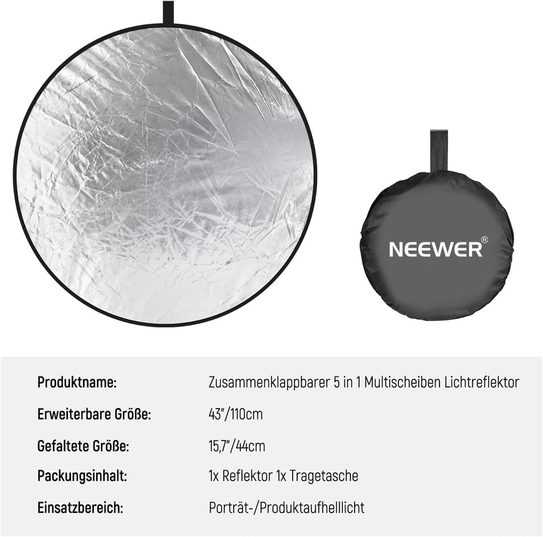 NEEWER 110cm Lichtreflektor Lichtdiffusor 5 in 1 zusammenklappbare Multischeibe mit Tasche, durchsch