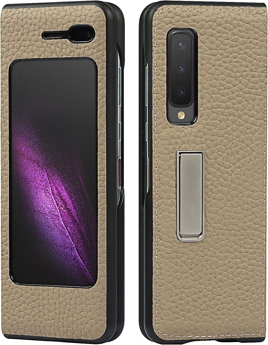 Handyhülle für Samsung Galaxy Fold, Ultradünn Luxus Litchi Korn Echtes Leder Hüllen mit Standfunktio