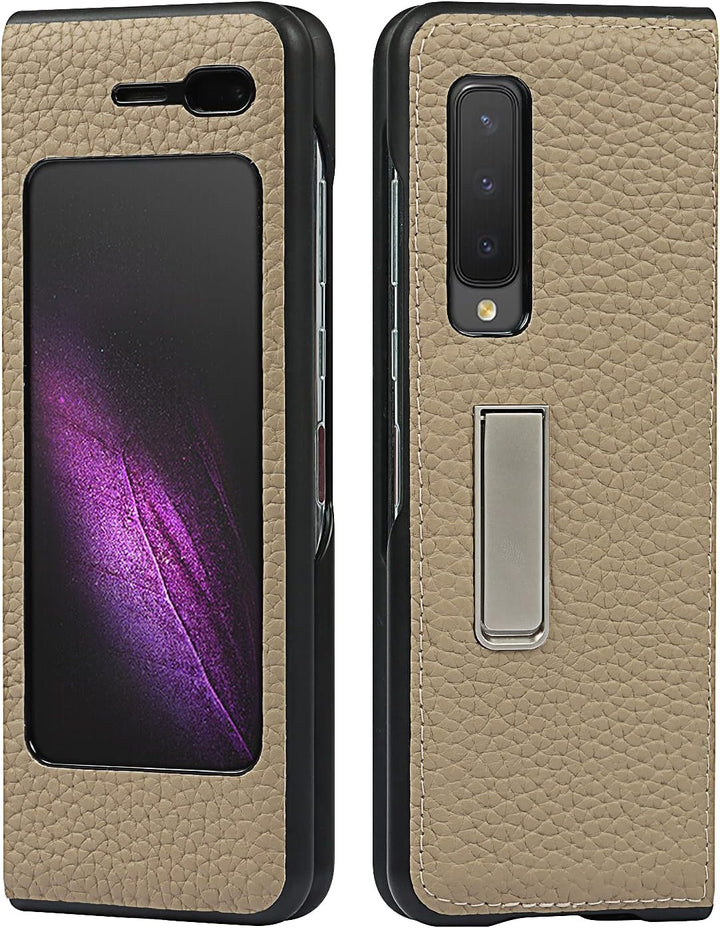 Handyhülle für Samsung Galaxy Fold, Ultradünn Luxus Litchi Korn Echtes Leder Hüllen mit Standfunktio