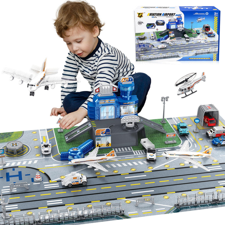 Flugzeug Spielzeug Set mit Lastwagen, Hubschrauber, Flugzeuge, Schilder und Flughafen-Spielmatte, in