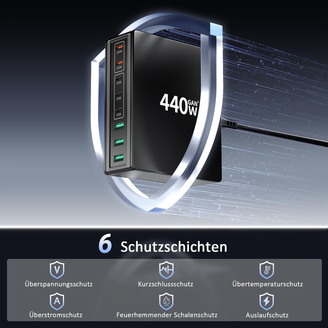 HSSNS USB C Ladegerät Mehrfach: 440W 8 Ports USB Schnellladegerät mit 5 USB-C und 3 USB-A - USB C Ch