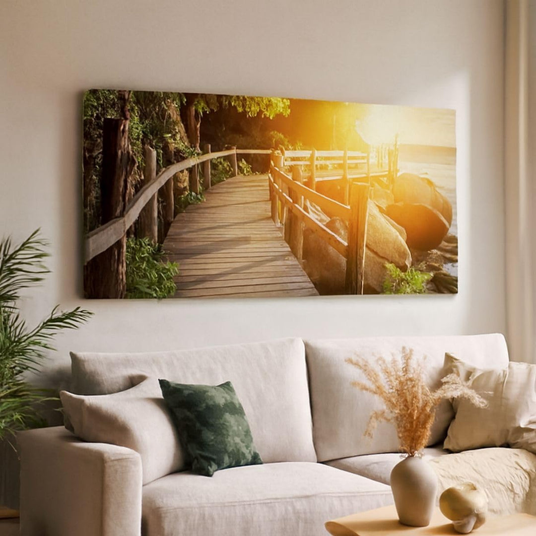 Wandbilder Dekoration Wohnzimmer Brücke Meer Welle Panorama Bilder auf Leinwand 120x50cm Leinwandbil