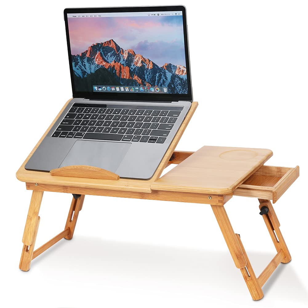 Ausla Laptoptisch Aus Bambus, Notebooktisch Mit Schublade, Klappbarer Frühstückstablett, Höhenverste