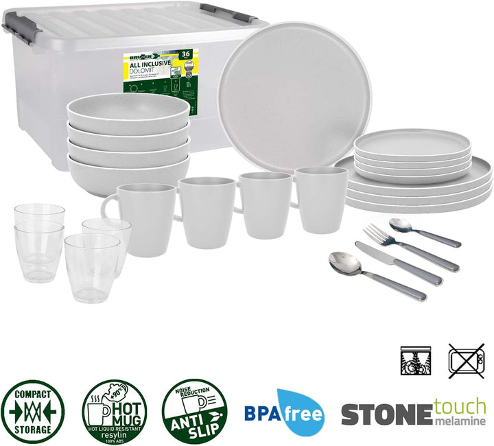 BRUNNER: Melamin Geschirr-Set Camping | 36-Teilig - Teller, Becher, Besteck & Gläser für 2-4 Persone