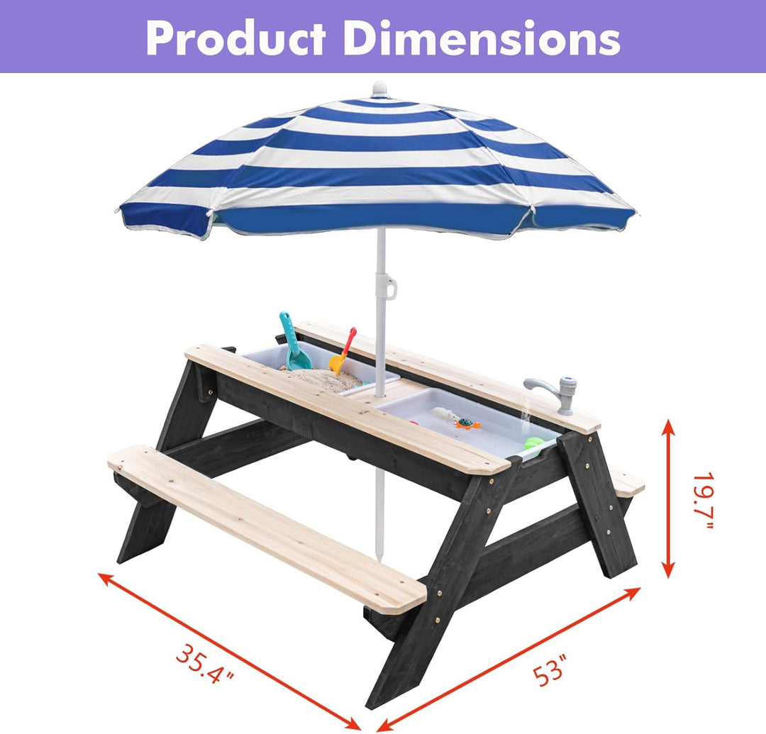 Kids 3-in-1 Sand- und Wasser-Aktivitätstisch, Holz, Outdoor, wandelbarer Picknicktisch mit Regenschi