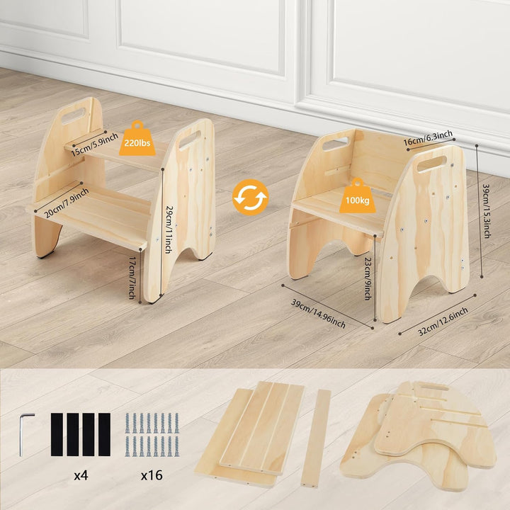 Comfoyar Tritthocker Kinder Holz, 2 Stufenhocker für Kinder mit Griff und Rutschschutzkissen, Cabrio
