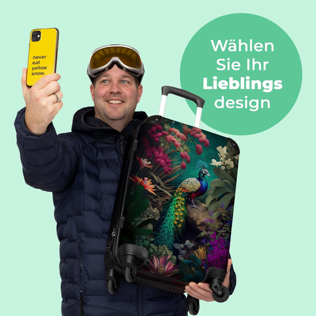 Koffer gross Trolley Rollkoffer Reisekoffer mit 4 Rollen Fotokoffer - Pfau - Federn - Blumen - Vogel