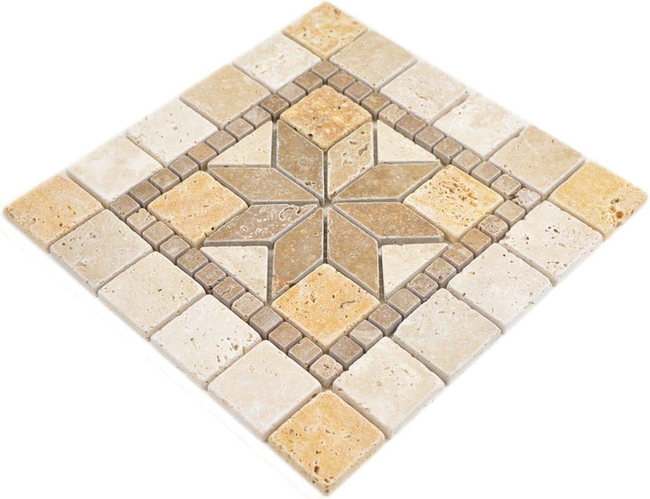 Naturstein Mosaik Einleger Fliese Travertin beige gelb walnuss für WANDDEKO BAD WC KÜCHENDEKO