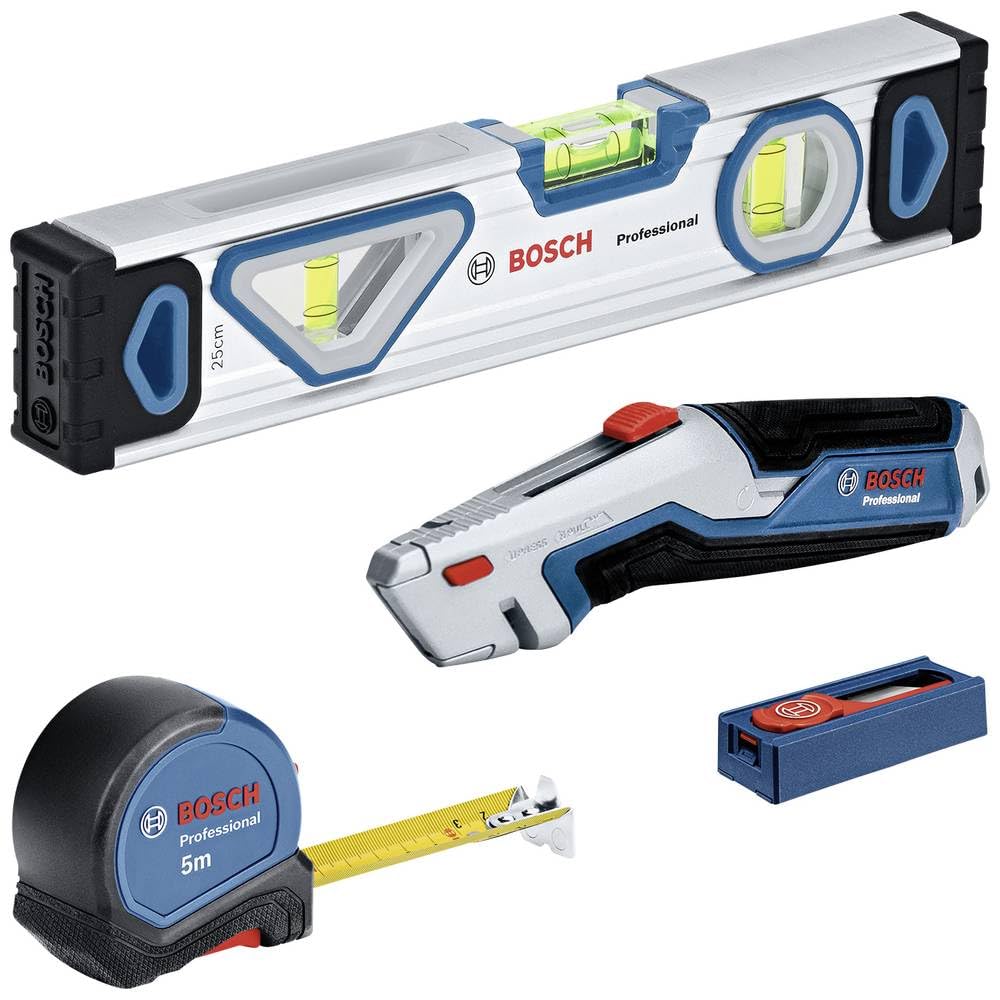 Bosch Professional Handwerkzeug-Set, 4-teilig (inkl. 25cm Wasserwaage, 5m Massband, Universal Messer