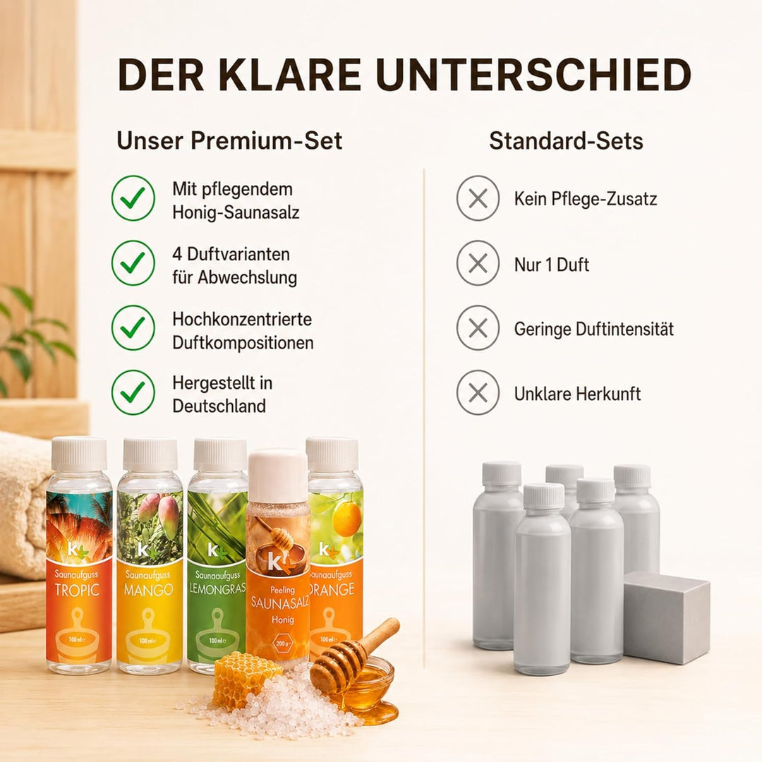KK Sauna -Set mit Salz Peeling | KK Saunaaufgussset"Karibik" 4 x 100 ml + 200 g KK Saunasalz"Honig"