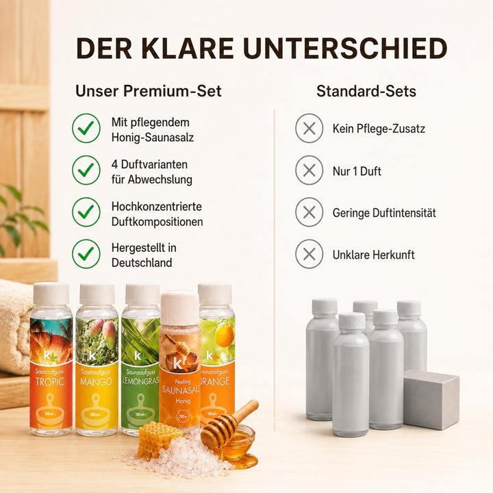 KK Sauna -Set mit Salz Peeling | KK Saunaaufgussset"Karibik" 4 x 100 ml + 200 g KK Saunasalz"Honig"