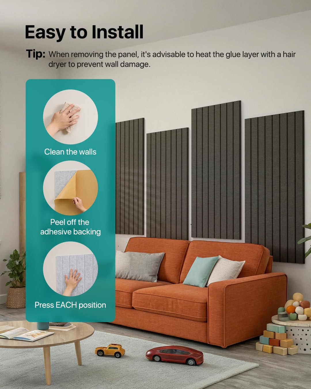 Soundsbay Akustikpaneele Selbstklebend, 2.88m²-4 Stück, 120×60×0.9cm Akustikplatten Wandpaneele für