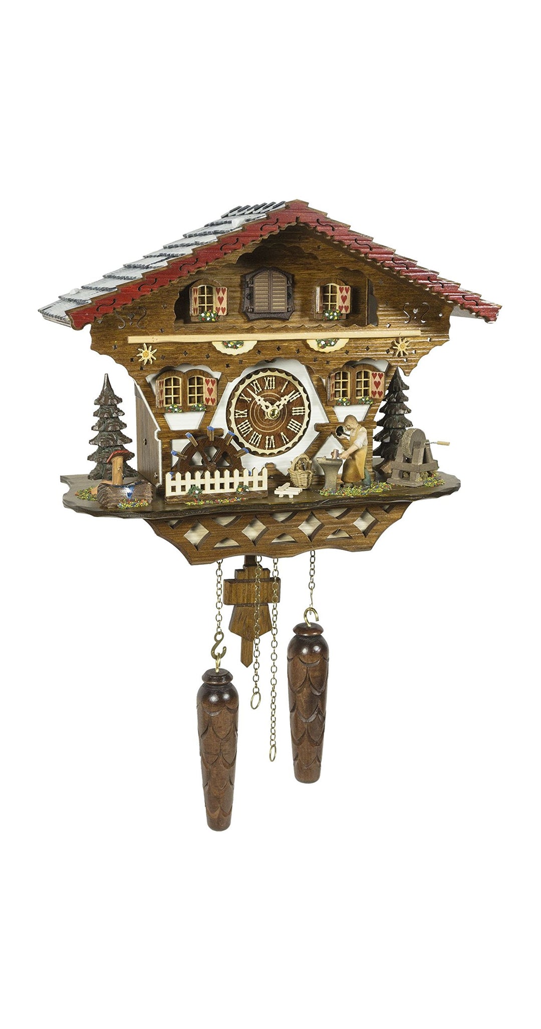 Trenkle Quarz Kuckucksuhr Schwarzwaldhaus mit beweglichem Schmid und Mühlrad, mit Musik TU 4221 QM H