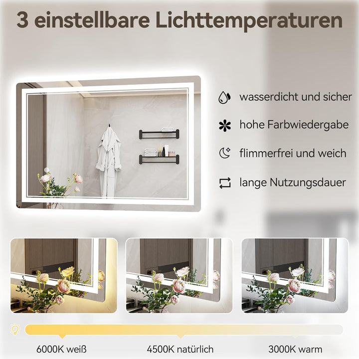 Badspiegel mit Beleuchtung 80x60 cm, Badezimmer Beleuchteter Wandspiegel mit Led 3 Farben, Stufenlos