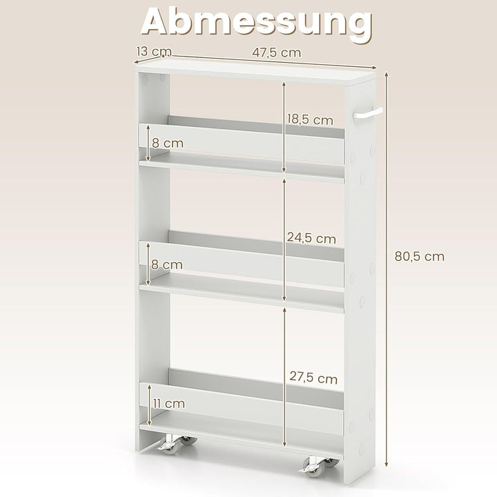 COSTWAY Nischenwagen 13cm breit, 4 Etagen Küchenwagen schmal, Nischenregal auf Rollen, Servierwagen