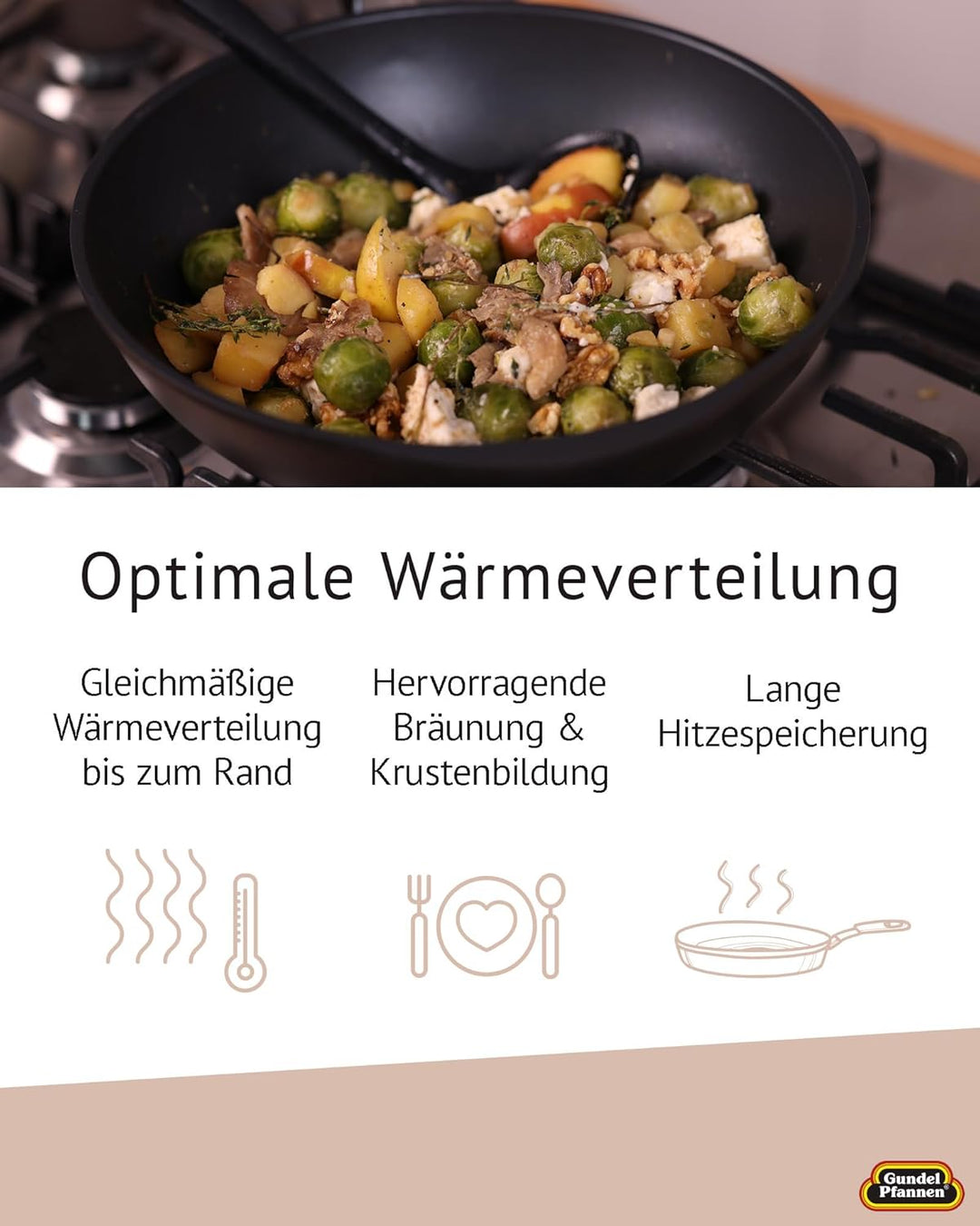 Original Gundel GUSS-WOK, Ø 30 cm, Höhe 10 cm, Rühr-Pfanne PFOA-frei, Akku-Therm Boden - fester Stie