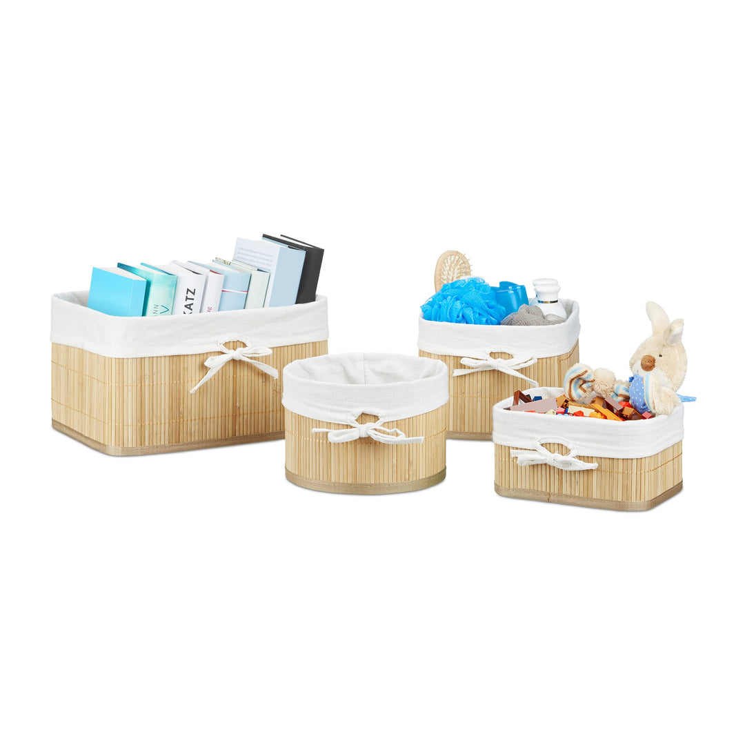 8 x Aufbewahrungskorb Bambus, Aufbewahrungsbox für Regal und Schrank, Dekokorb Stoffeinsatz, Regalko