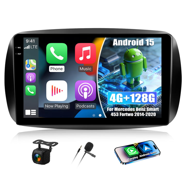 CAMECHO 4+128G 9 Zoll Android 15 Autoradio für Mercedes Benz Smart 453 Fortwo 2014-2020, Benz Navi R
