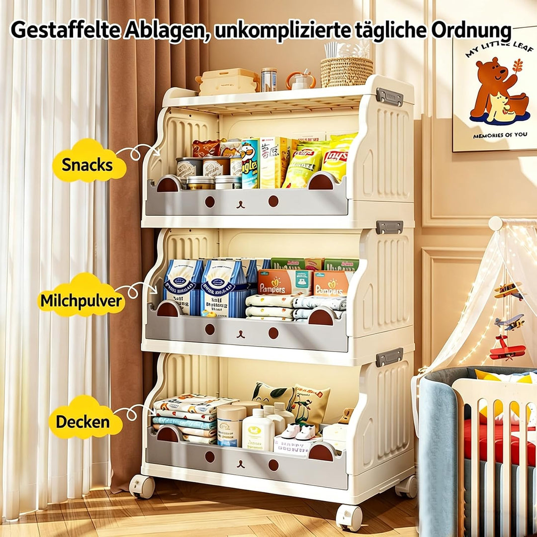 Mobiles Bücherregal Kinder mit Rollen 4 Ebenen Faltbar | Kinderregal Bücherwagen Spielzeug Regal Kin