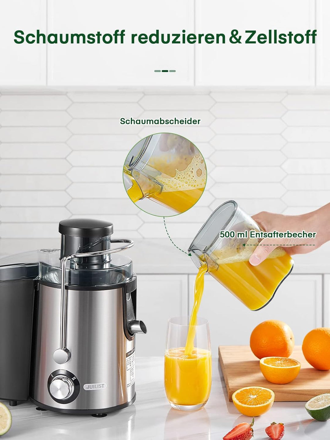 Juilist Entsafter für Obst und Gemüse, Saftpresse für 65MM Grosser Einfüllschacht, 600W juicer 2 Ges