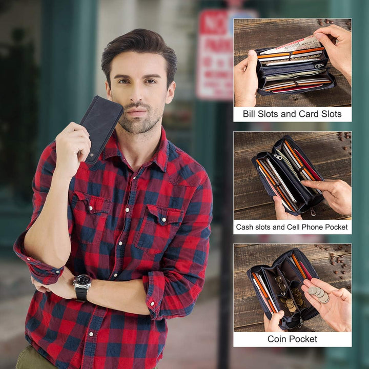 Contacts RFID Blocking Echtleder Herren Reissverschluss um Brieftasche Karte Telefonhalter Münzkuppl