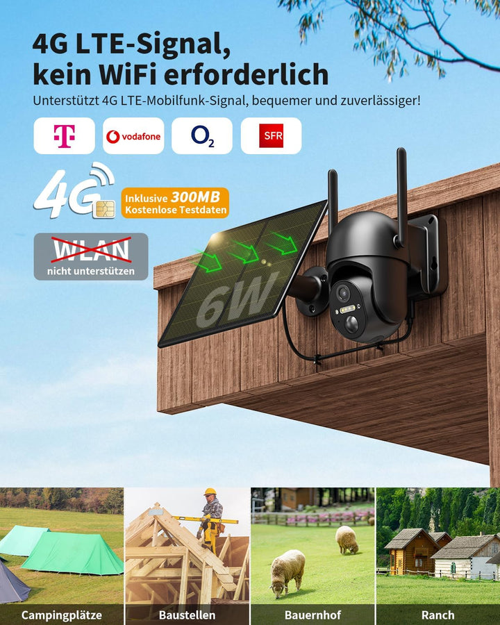 4G LTE Überwachungskamera Aussen Akku mit SIM Karte, 2K Kabellos Solar PTZ IP Kamera Outdoor Ohne WL