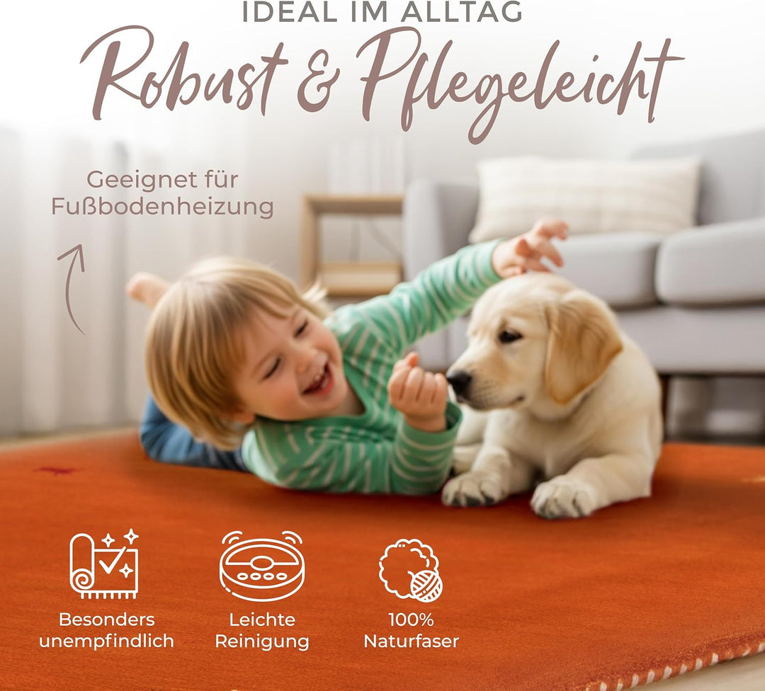 carpetfine Wollteppich Gabbeh Uni Orange 60x90 cm | Moderner Teppich für Wohn- und Schlafzimmer 60x9