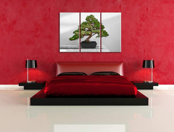 Bonsai Baum auf Holztisch schwarz/weiss 3-Teiler Leinwandbild 120x80 Bild auf Leinwand, XXL riesige