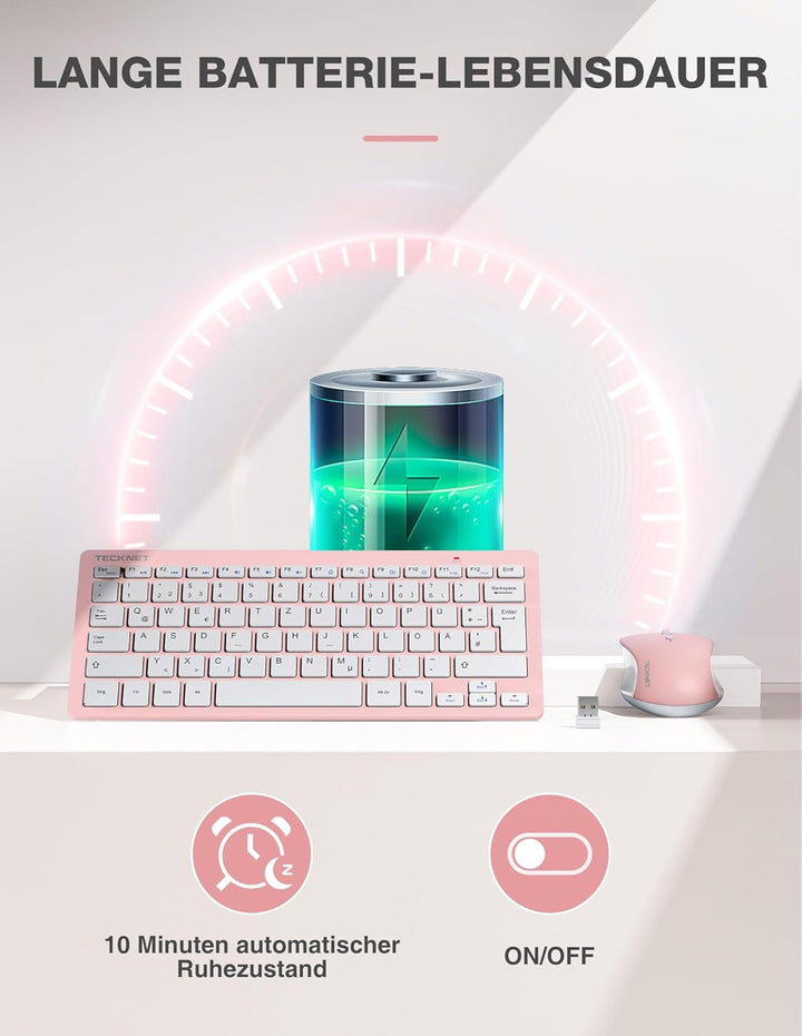 TECKNET Kabelloses Tastatur Maus Set, Deutsch QWERTZ Layout, 2.4 GHz Funk Mini Tastatur Mouse, 15m R