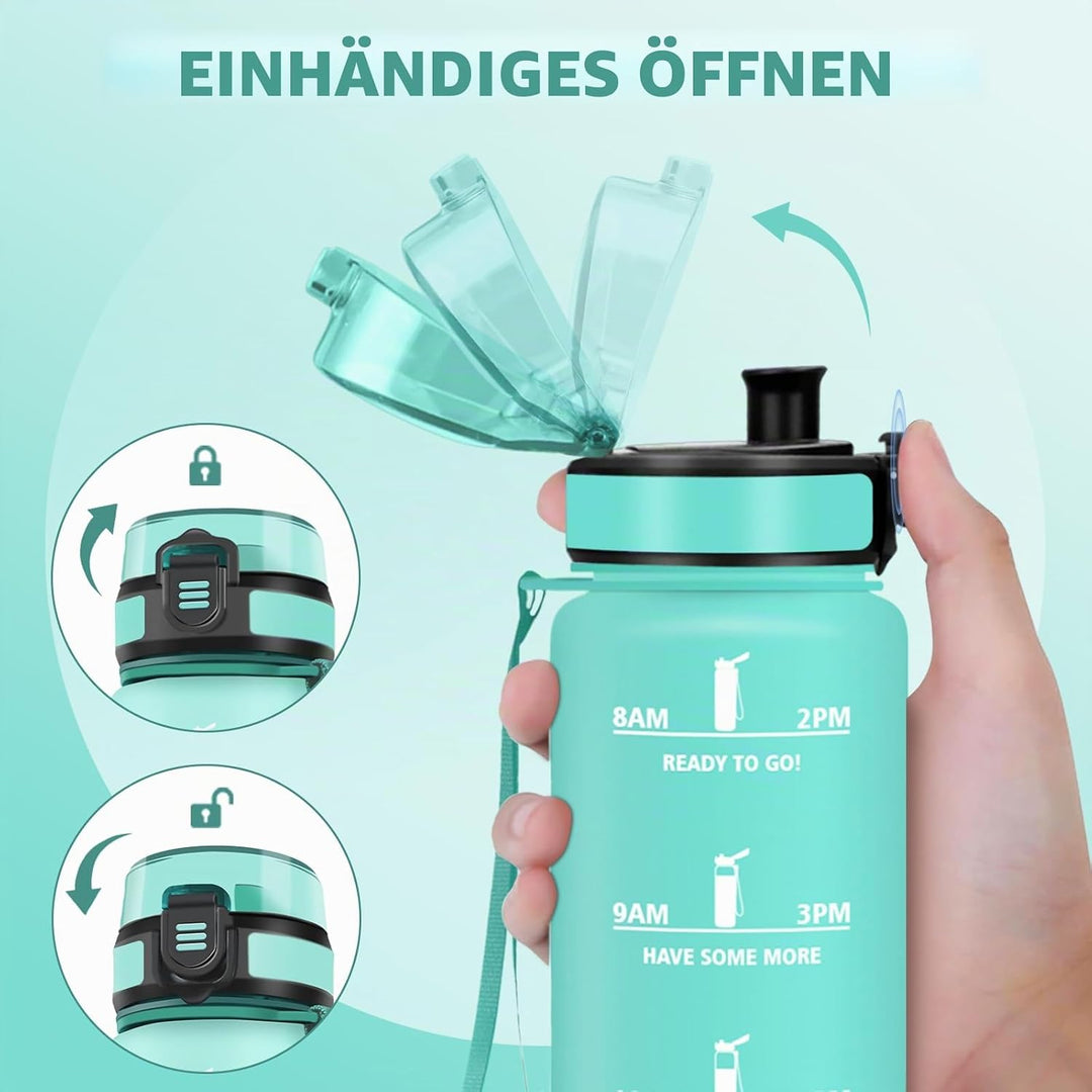 HoneyHolly Trinkflasche 1L, Zeitmarkierung, Wasserflasche, Auslaufsicher, Trinkflasche Sport, Wieder