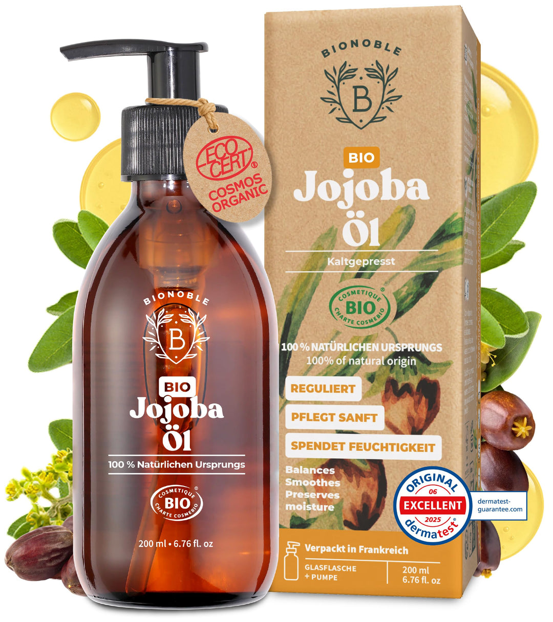 Bionoble Jojobaöl Bio 200ml - 100% Rein, Natürlich und Kaltgepresst - Gesicht, Körper, Haare, Bart,