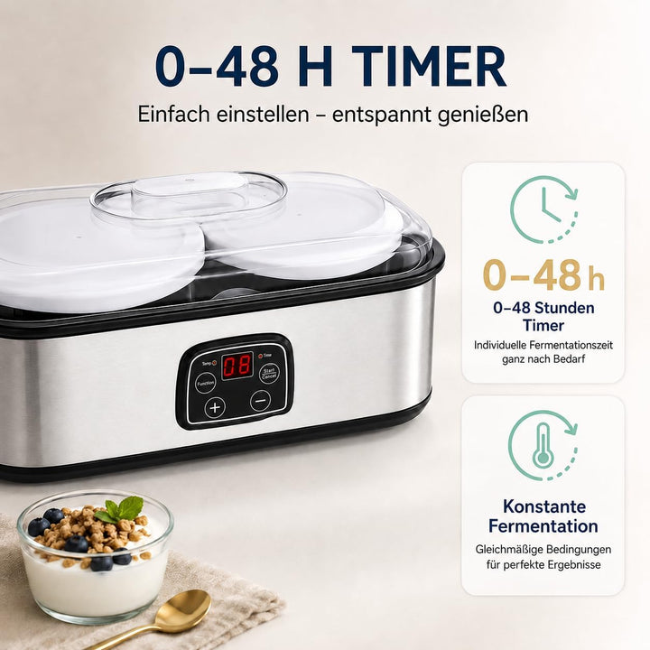 Joghurtbereiter, 2 Glasbehälter mit Deckel, Je 60 Unzen, zwei goldfarbene Löffel, Ideal für Zubereit