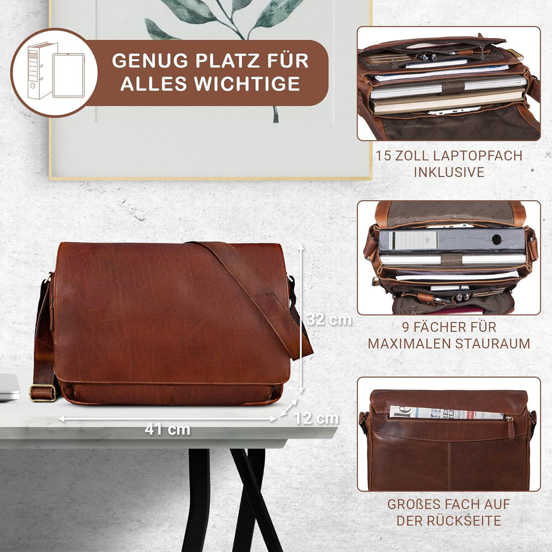 STILORD 'Tom' Vintage Leder Umhängetasche für Studium Uni Büro Arbeit 15 Zoll Laptoptasche DIN A4 Sc