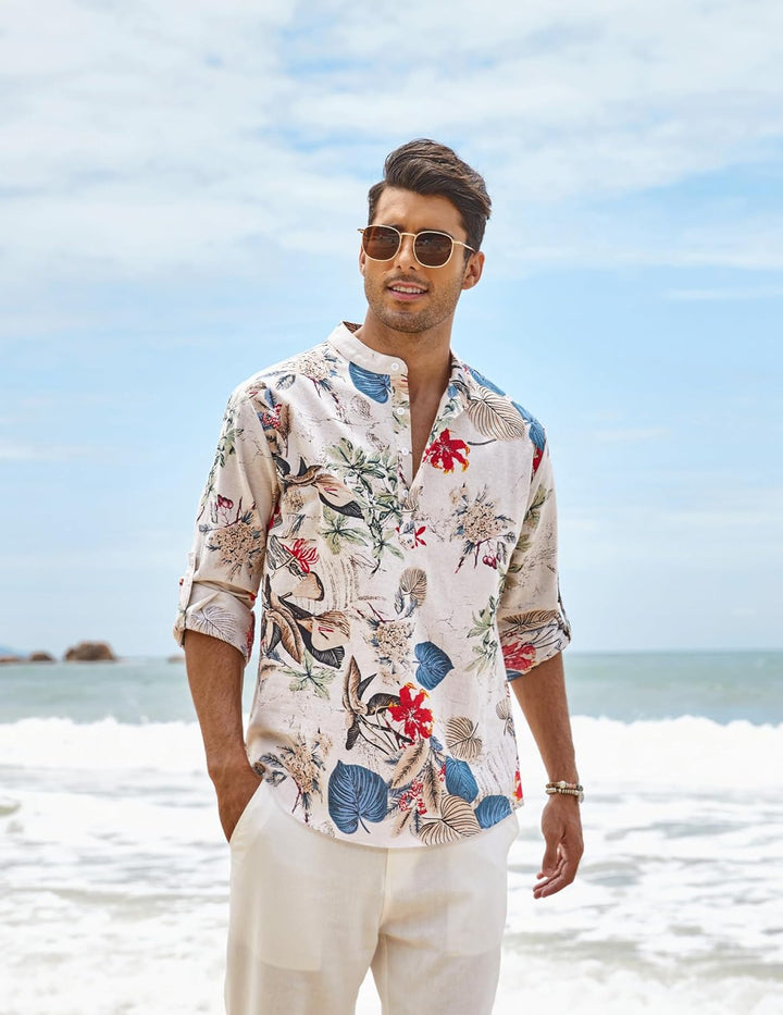 COOFANDY Herren Hemd Langarm Henley Shirt Leinenhemd Baumwolle Casual Regular Fit Sommerhemd Khaki-b