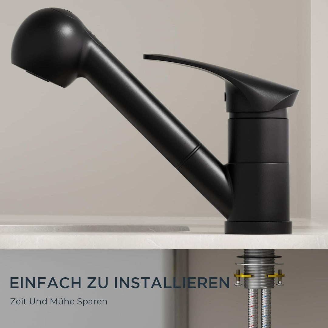 FORIOUS Wasserhahn Küche Schwarz, Edelstahl Spültischarmatur mit Brause, Einhebelmischer Küchenarmat