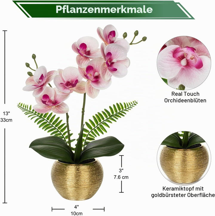 Kunstblumen wie Echt Orchideen Künstlich Blumen Deko Kunstpflanze Phalaenopsis im Goldfarbenen Topf